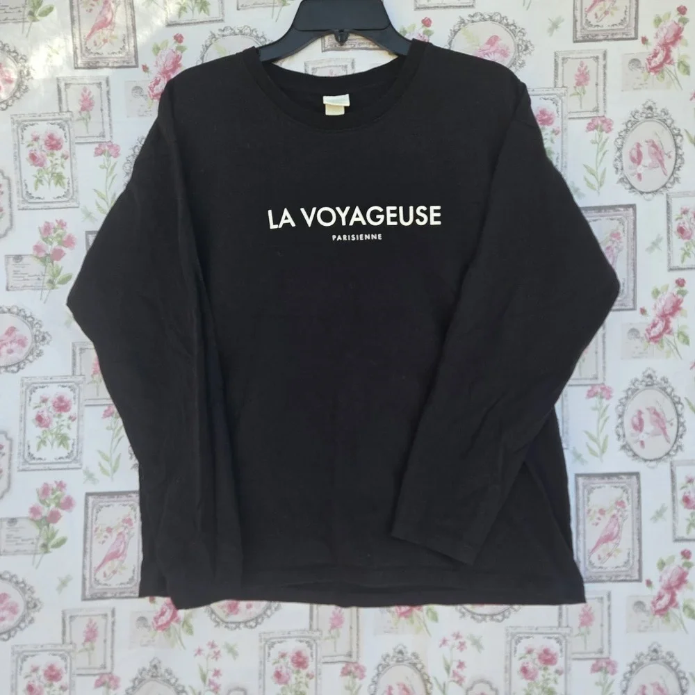 H&M La Voyageuse Parisienne Black Long Sleeve Graphic T-Shirt Women's M Traveler